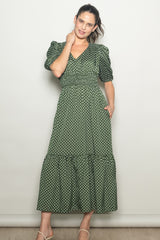 Green Polka Dots V Neck Flowy Dress