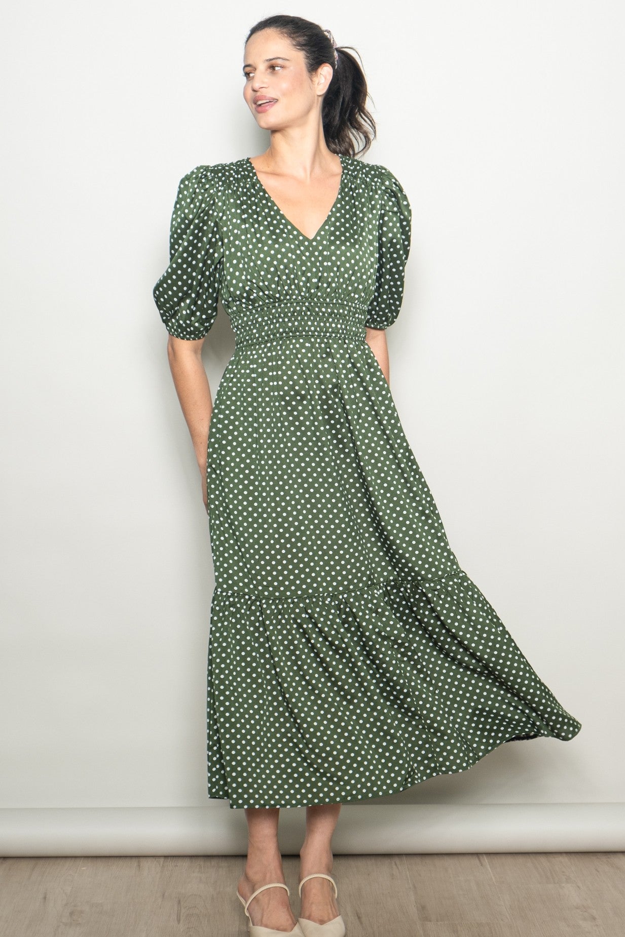 Green Polka Dots V Neck Flowy Maternity Dress