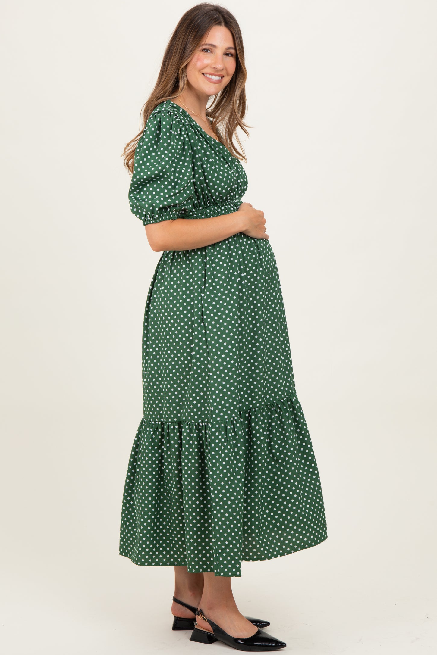 Green Polka Dots V Neck Flowy Maternity Dress
