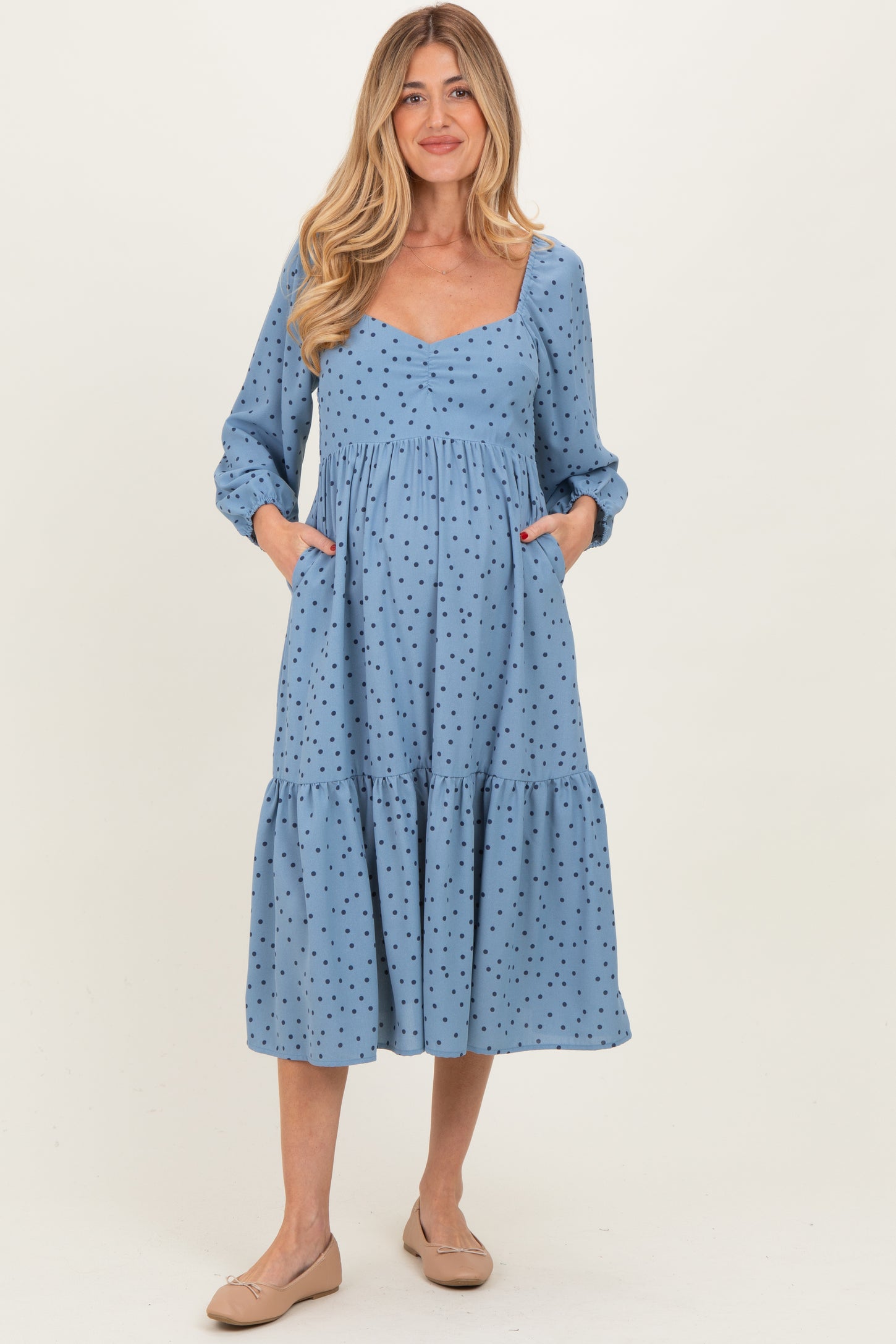 Dusty Blue Polka Dots Sweetheart Neck Maternity Midi Dress