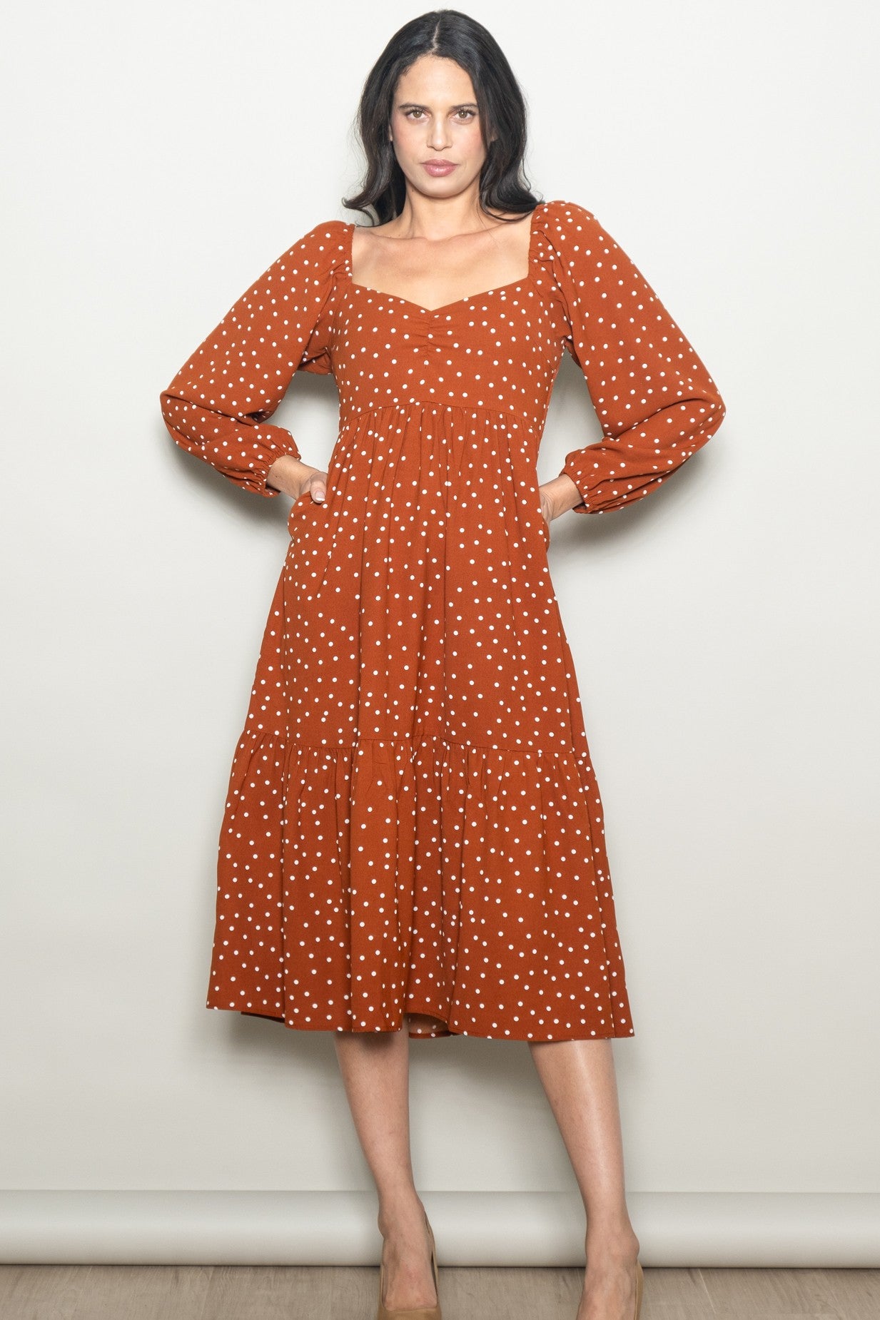 sweetheart neck midi dress Rust Polka Dots Sweetheart Neck Midi Dress