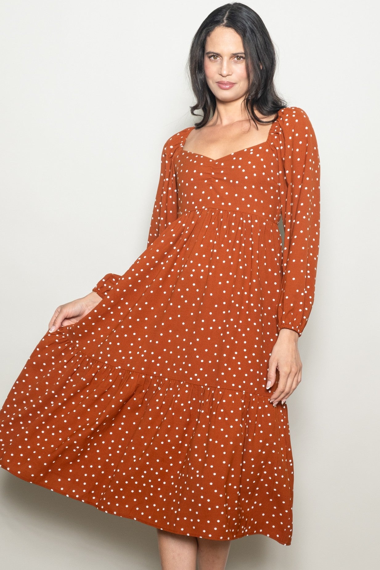 Rust Polka Dots Sweetheart Neck Midi Dress
