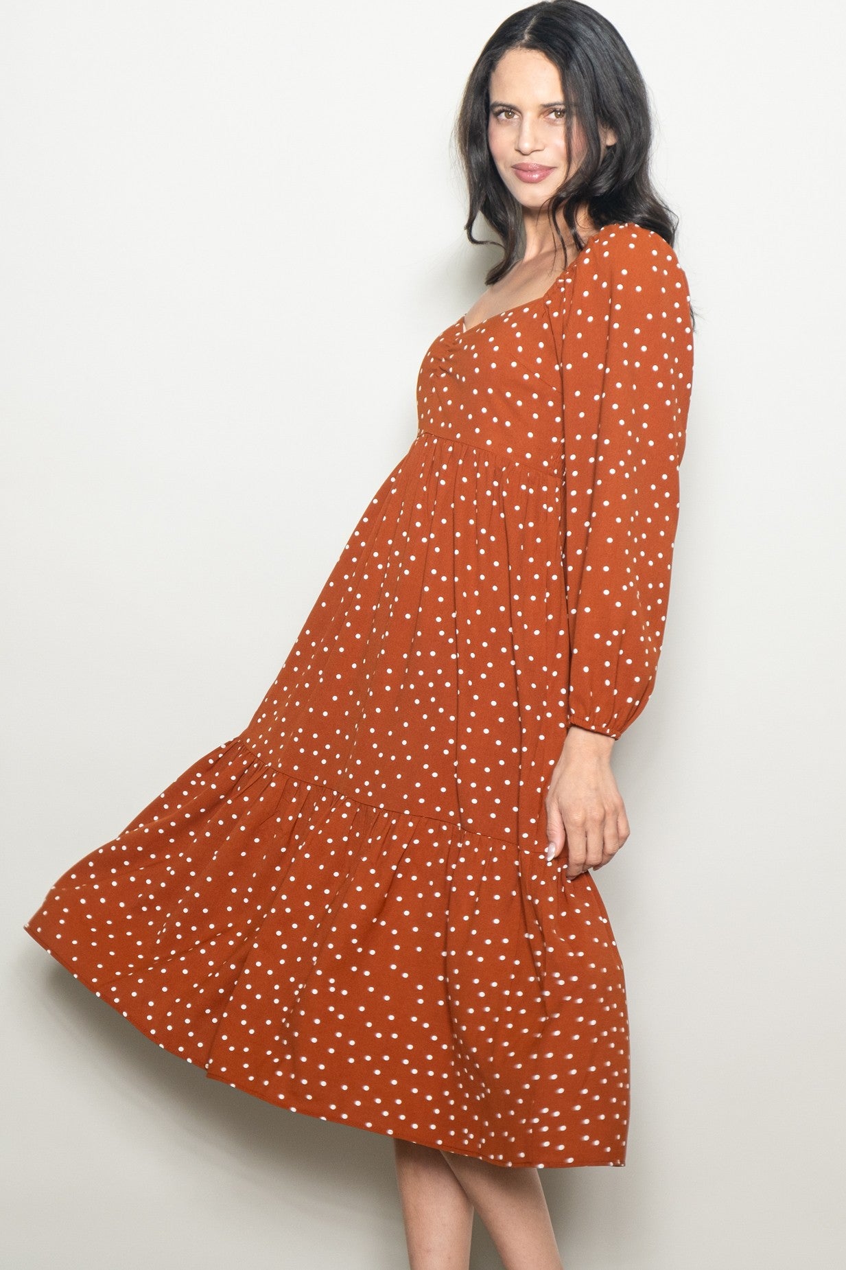 red polka dot dress long sleeve Rust Dots Sweetheart Neck Midi SID-P30223 Size:Large (Fits size US 10/UK 14)(Bust 40 in) Boho Formal Dresses | designed to exude elegance