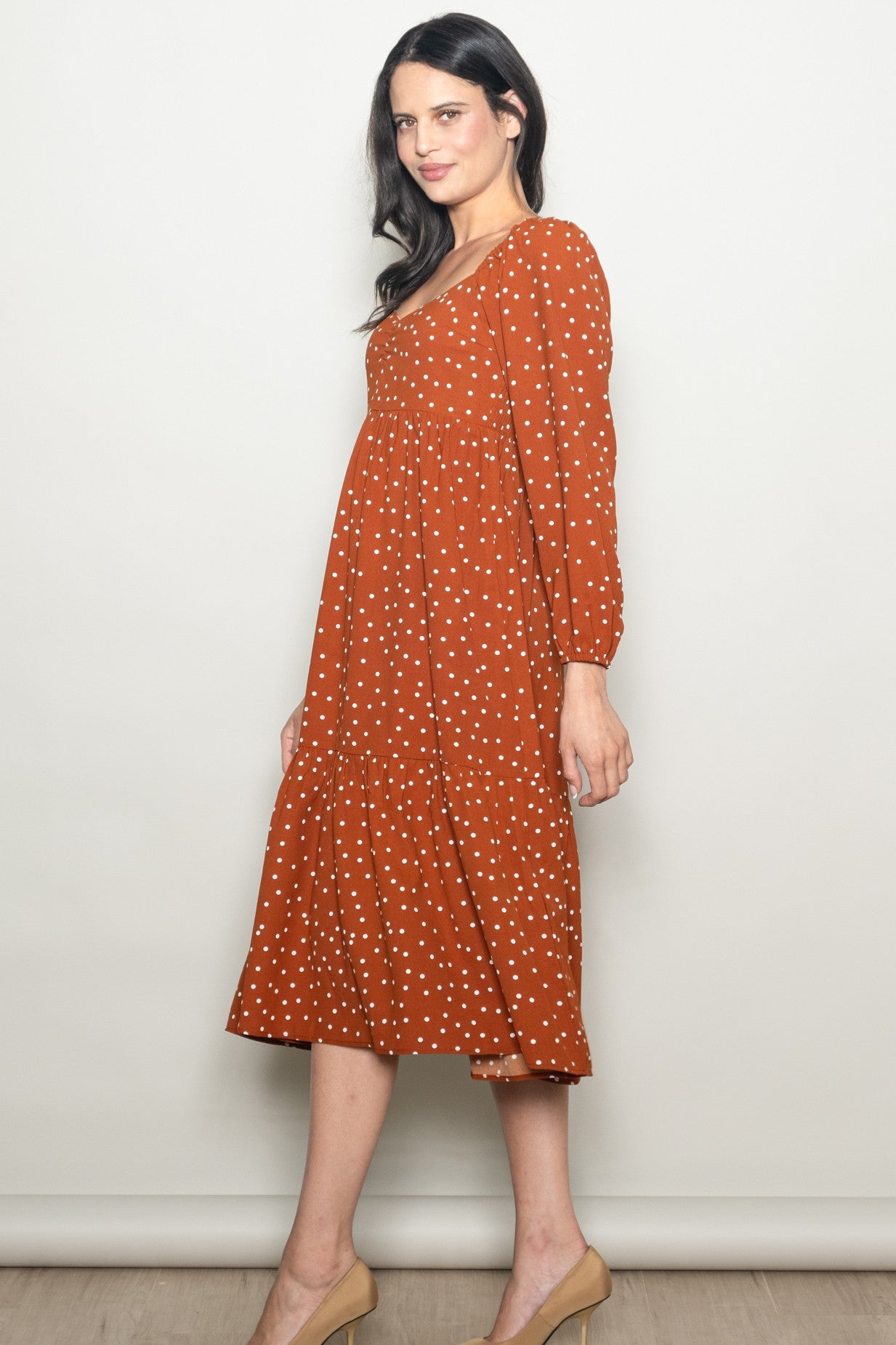 orange dress with white polka dots Rust Sweetheart Neck Midi Color:Sage Green - Pistachio Color Dkny Shirred Linen Dress Length 35 in L fathers day