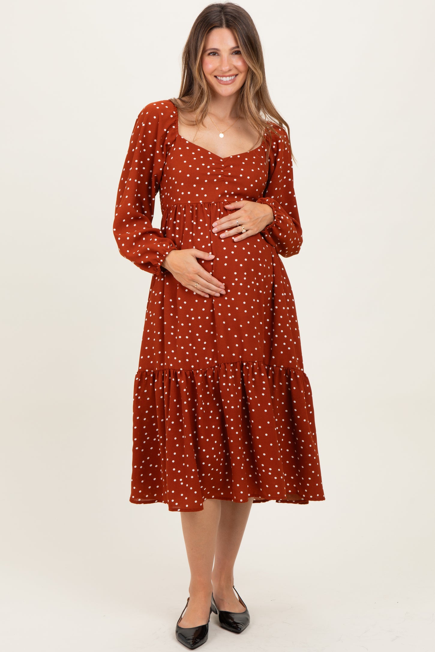 Rust Polka Dots Sweetheart Neck Maternity Midi Dress