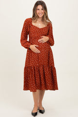 Rust Polka Dots Sweetheart Neck Maternity Midi Dress