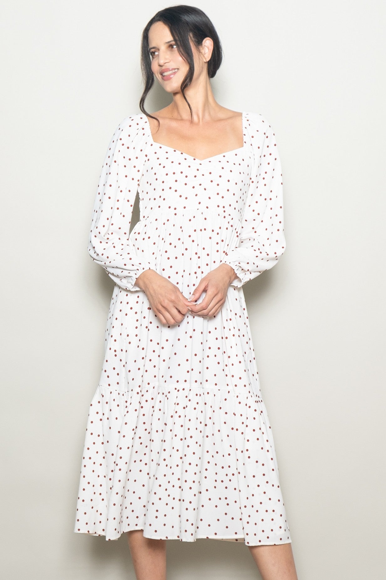 Cream Polka Dots Sweetheart Neck Midi Dress Cream Polka Dots Sweetheart Neck Midi Dress
