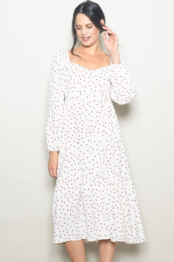 Cream Polka Dots Sweetheart Neck Midi Dress
