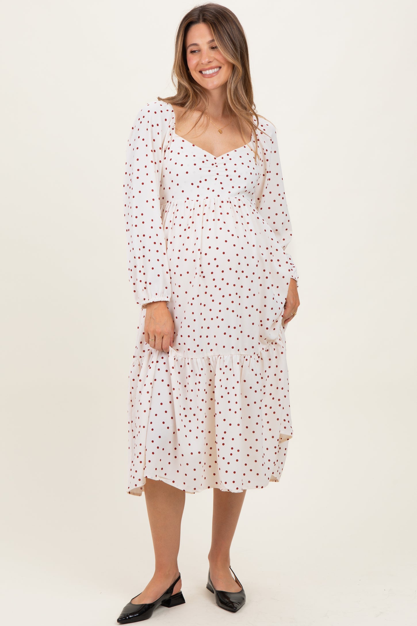 Cream Polka Dots Sweetheart Neck Maternity Midi Dress