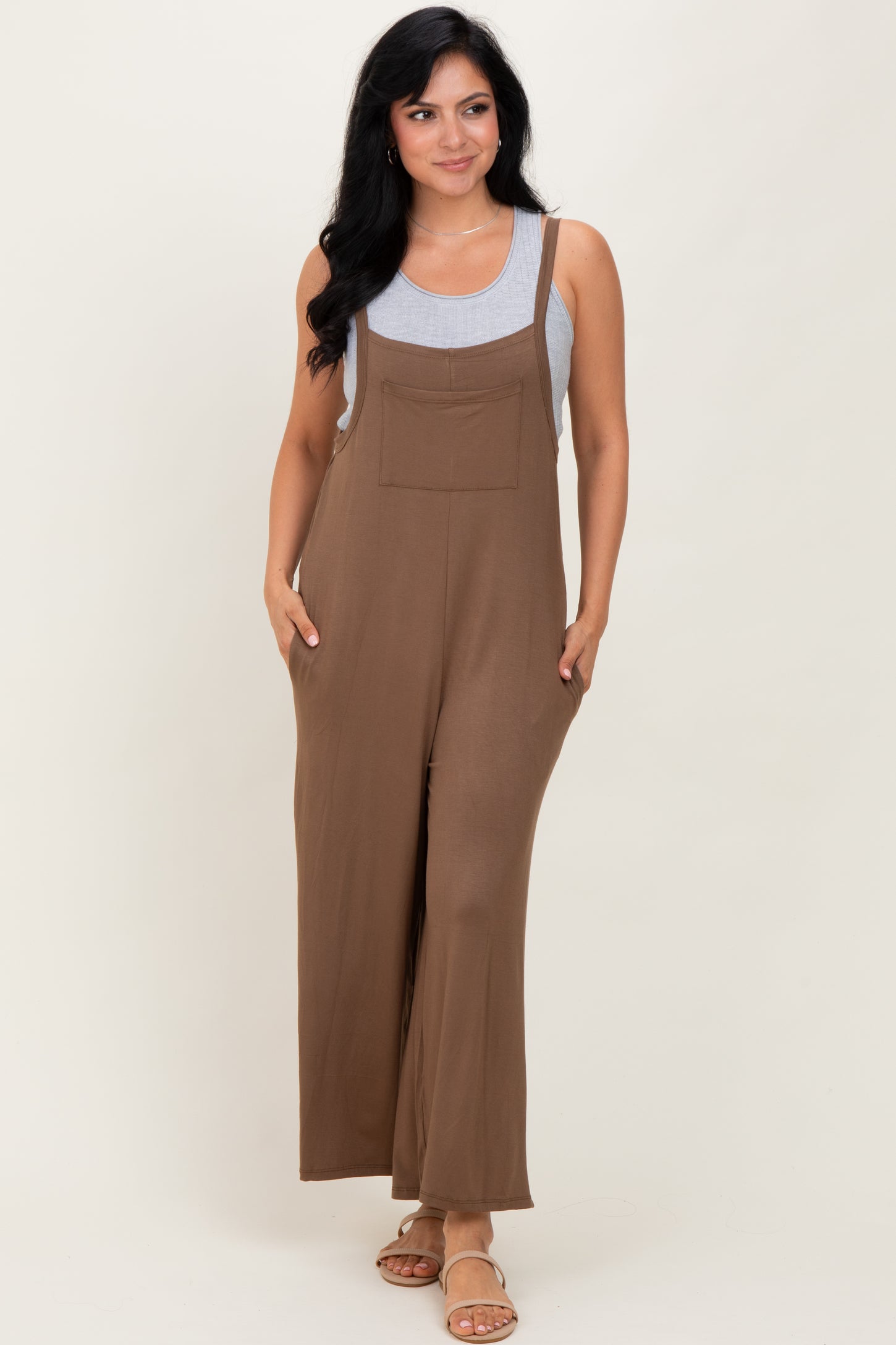 Mocha Sleeveless Pocketed Wide Leg Jumpsuit