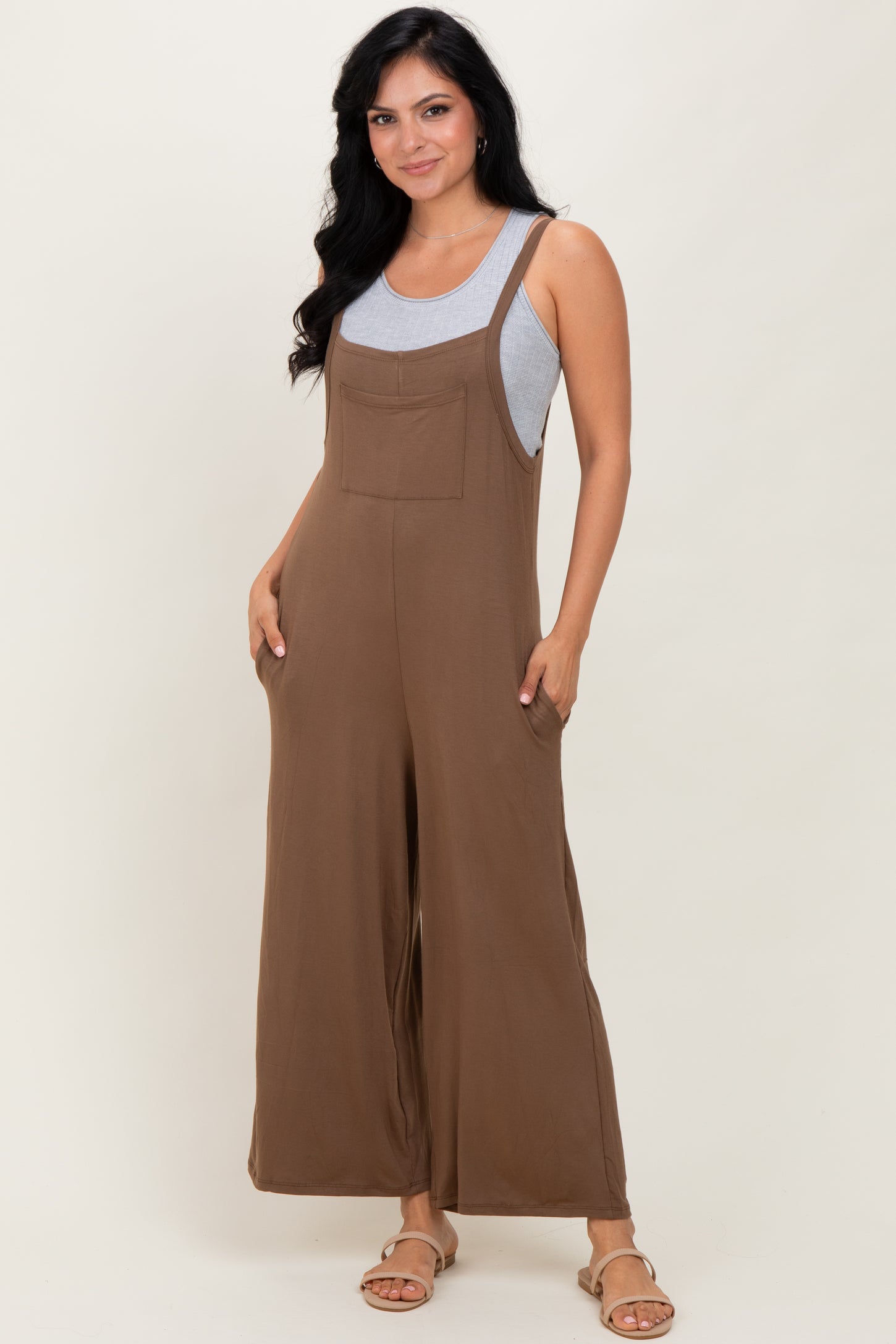 Mocha Sleeveless Pocketed Wide Leg Jumpsuit