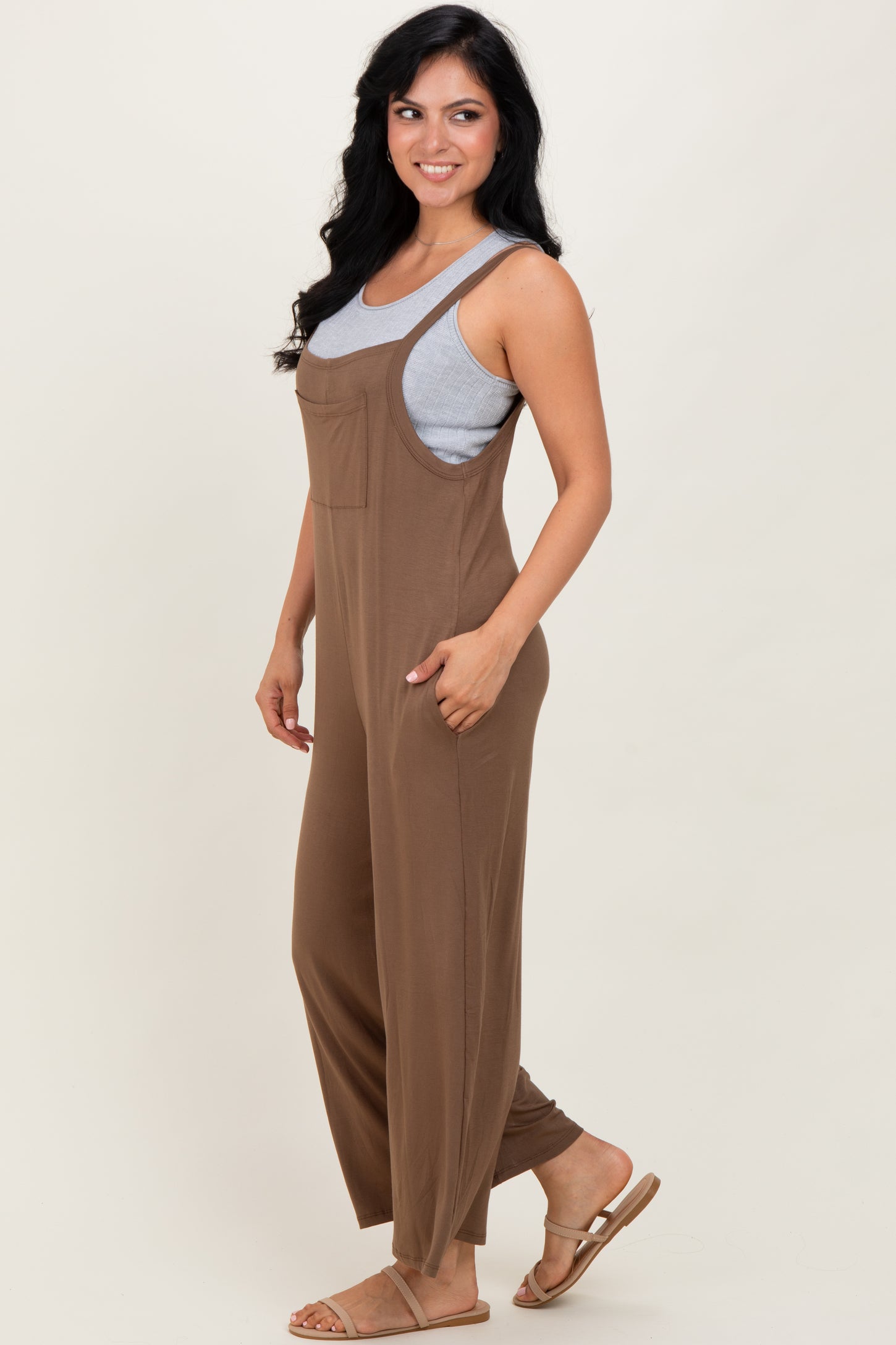 Mocha Sleeveless Pocketed Wide Leg Jumpsuit