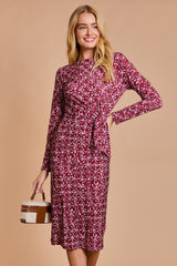Wine Abstract Waist Tie Detail Long Sleeve Midi Dress
