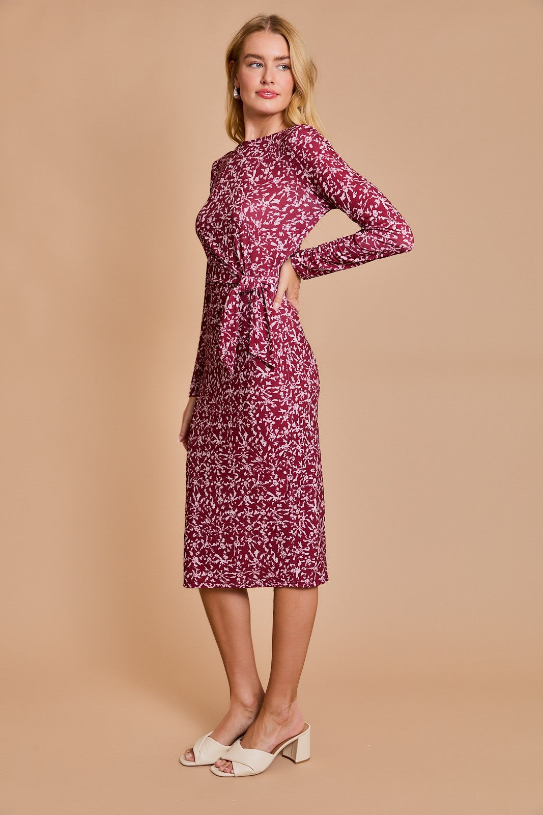 Wine Abstract Waist Tie Detail Long Sleeve Midi Dress
