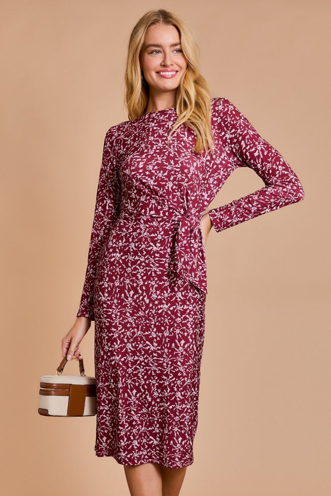 Wine Abstract Waist Tie Detail Long Sleeve Maternity Midi Dress – PinkBlush Wine Abstract Waist Tie Detail Long Sleeve Maternity Midi Dress – PinkBlush
