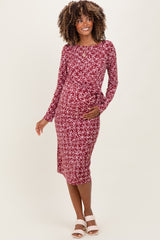 Wine Abstract Waist Tie Detail Long Sleeve Maternity Midi Dress