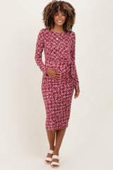 Wine Abstract Waist Tie Detail Long Sleeve Maternity Midi Dress