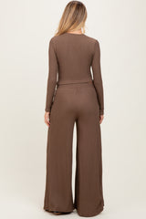 Coffee Long Sleeve Top Pleated Wide Leg Pants Texture Maternity Set