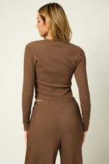 Coffee Long Sleeve Top Pleated Wide Leg Pants Texture Set