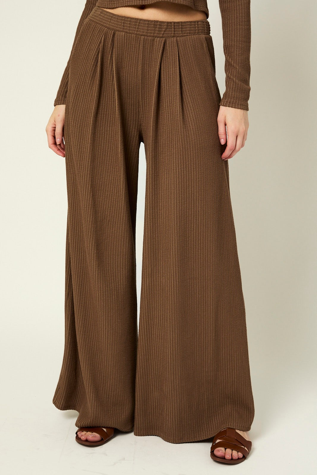 Coffee Long Sleeve Top Pleated Wide Leg Pants Texture Set