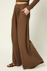 Coffee Long Sleeve Top Pleated Wide Leg Pants Texture Set