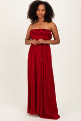 Red Ruffled Chest Pleated Maxi Dress With Self Tie