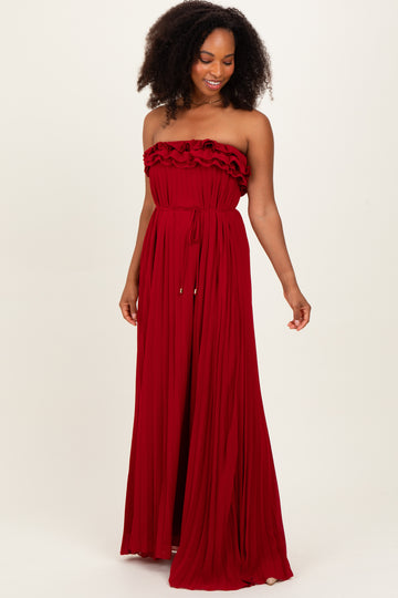 Red Ruffled Chest Pleated Maxi Dress With Self Tie