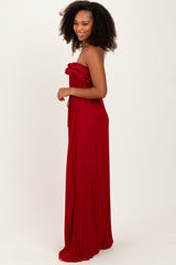 Red Ruffled Chest Pleated Maxi Dress With Self Tie