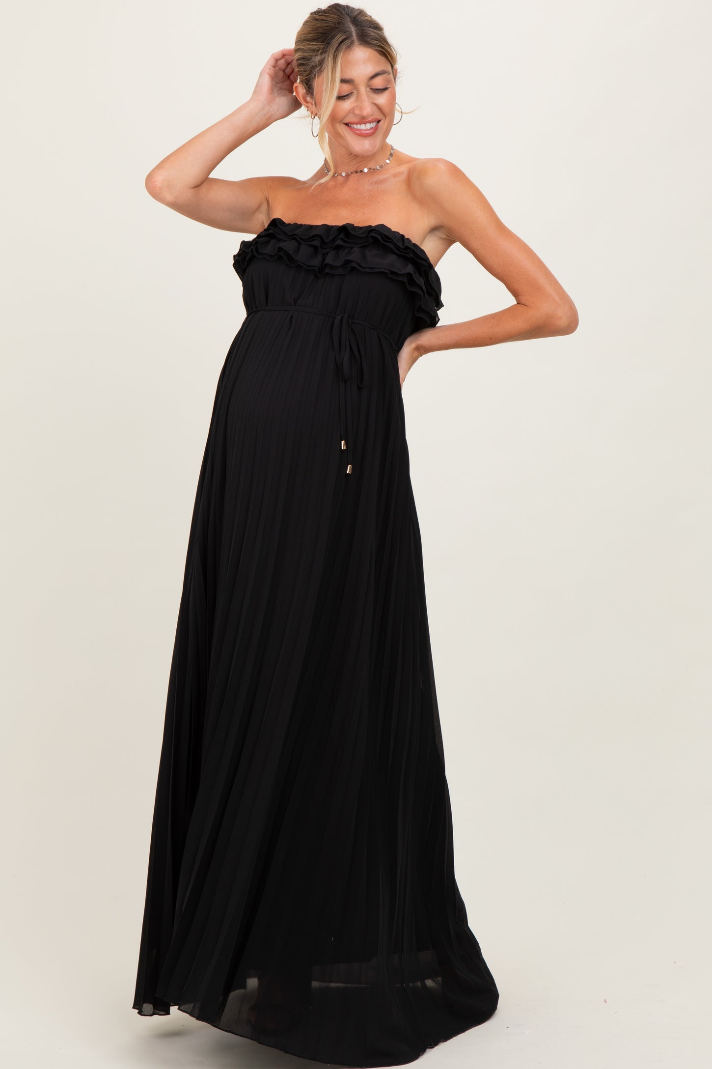 Black Ruffled Chest Pleated Maternity Maxi Dress With Self Tie Black Ruffled Chest Pleated Maternity Maxi Dress With Self Tie