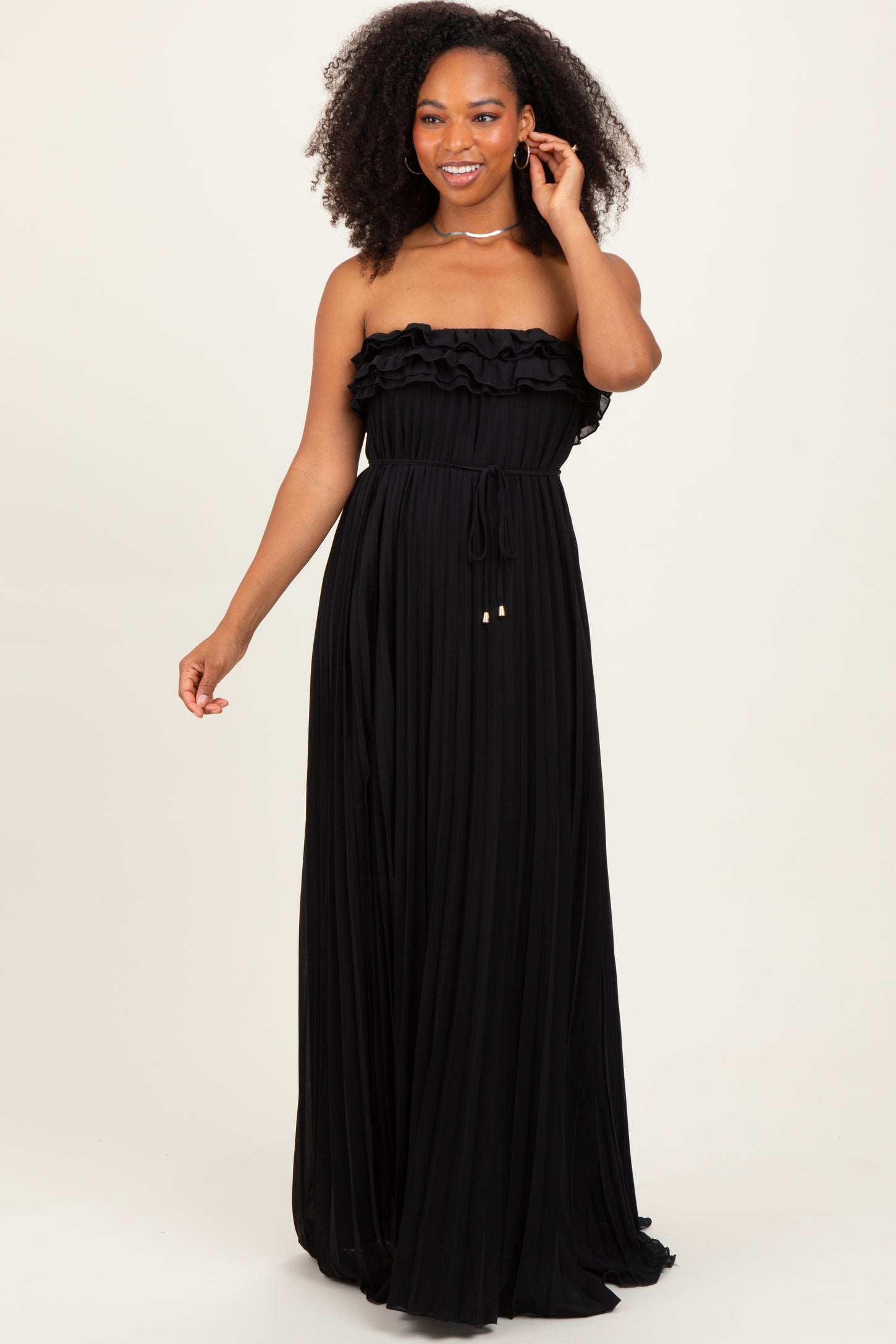 Black Ruffled Chest Pleated Maxi Dress With Self Tie