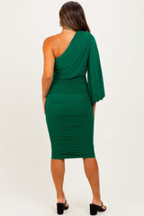 Forest Green Ruched Mesh One Shoulder Long Sleeve Maternity Midi Dress