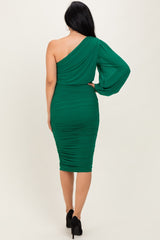 Forest Green Ruched Mesh One Shoulder Long Sleeve Midi Dress