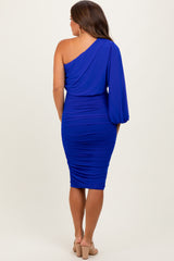 Royal Blue Ruched Mesh One Shoulder Long Sleeve Maternity Midi Dress