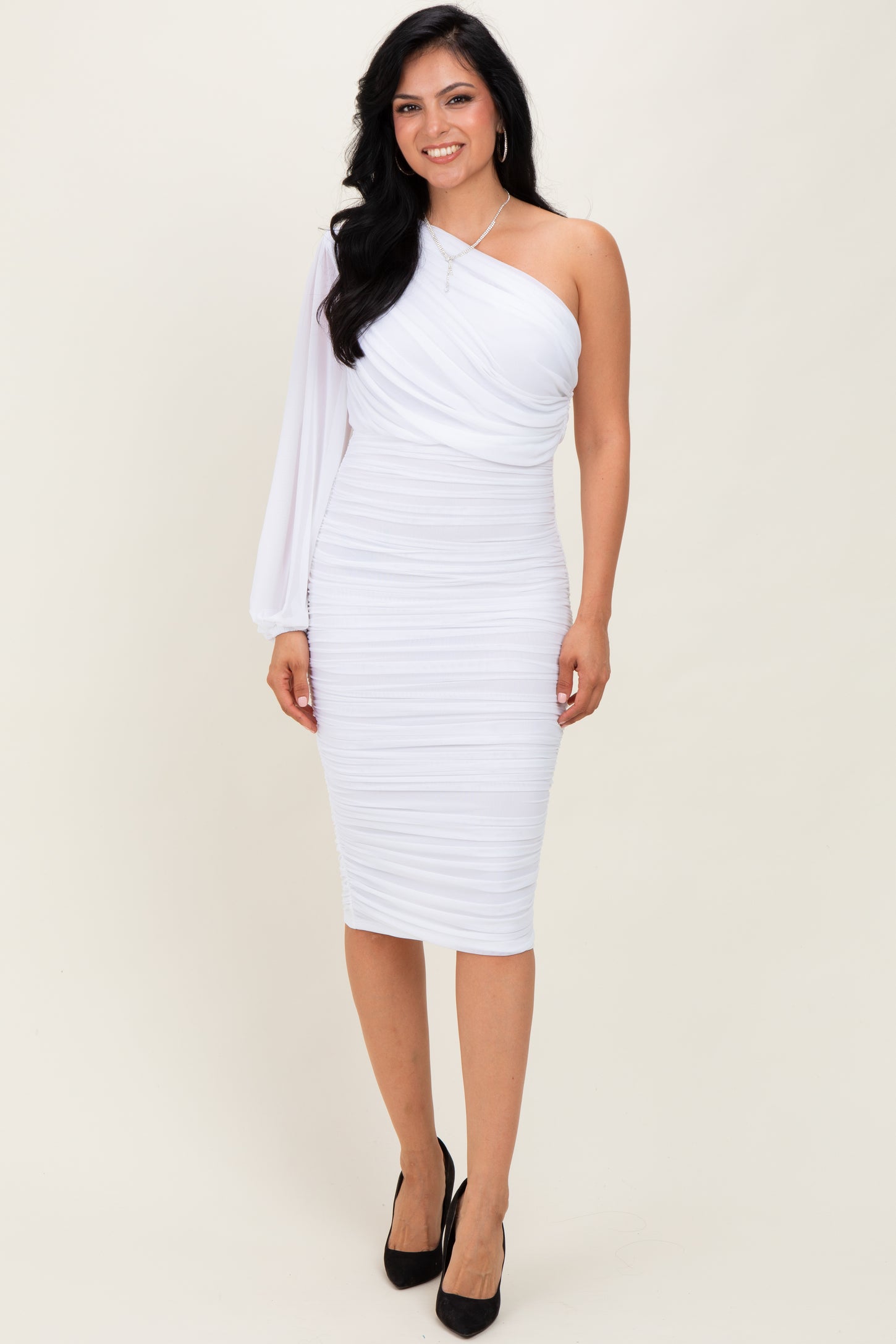 White Ruched Mesh One Shoulder Long Sleeve Maternity Midi Dress