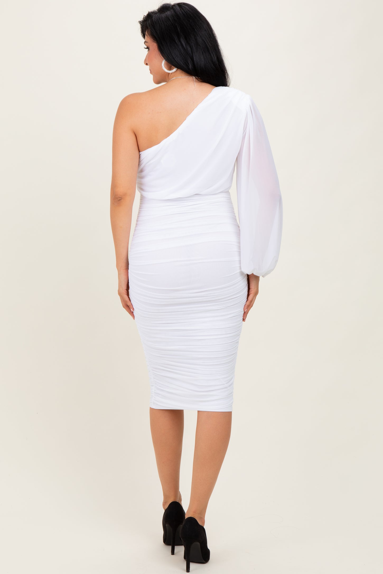 White Ruched Mesh One Shoulder Long Sleeve Midi Dress White Ruched Mesh One Shoulder Long Sleeve Midi Dress