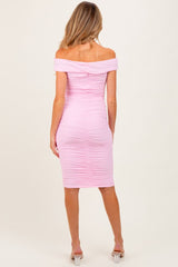 Light Pink Mesh Off Shoulder Twist Front Maternity Midi Dress