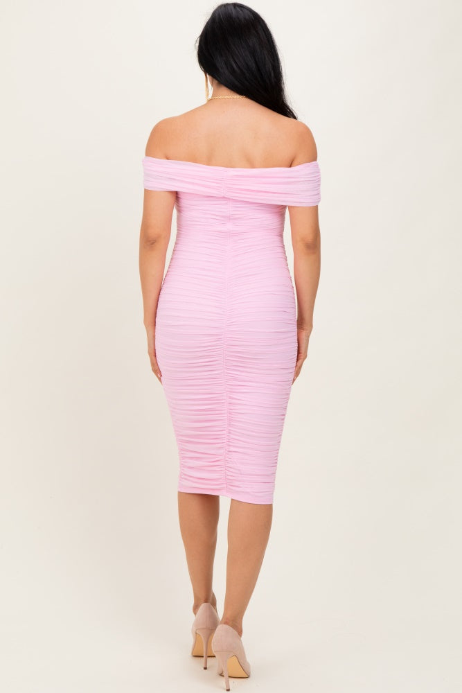 Light Pink Mesh Off Shoulder Twist Front Midi Dress