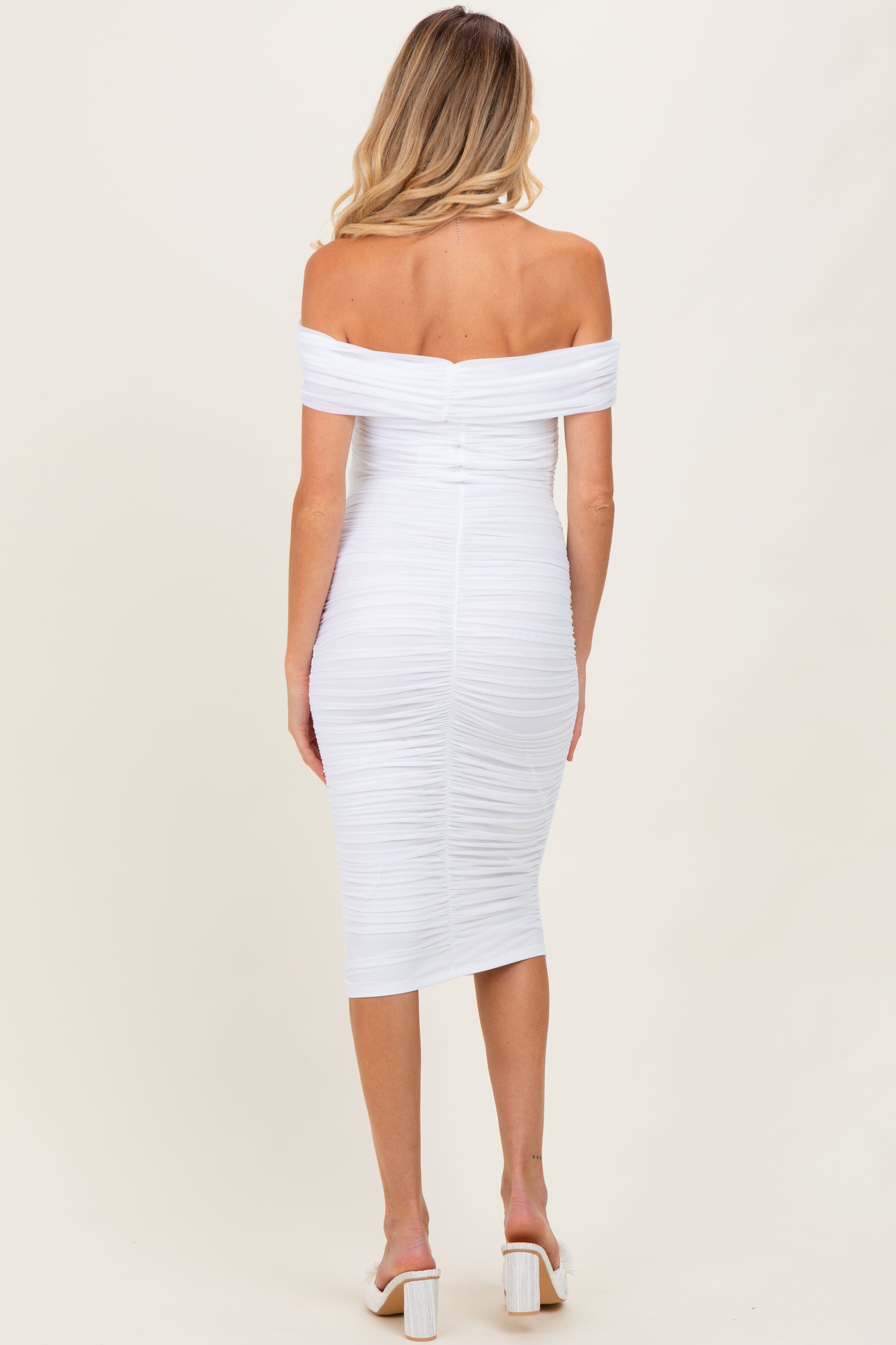 White Mesh Off Shoulder Twist Front Maternity Midi Dress