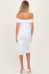 White Mesh Off Shoulder Twist Front Maternity Midi Dress