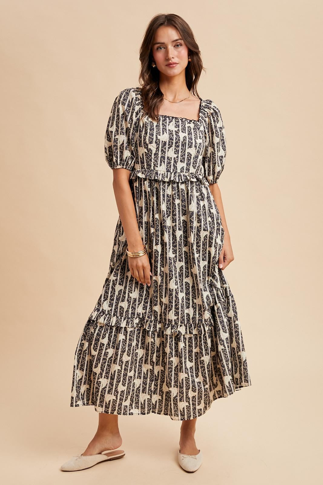 Navy Floral Stripe Ruffle Accent Midi Dress