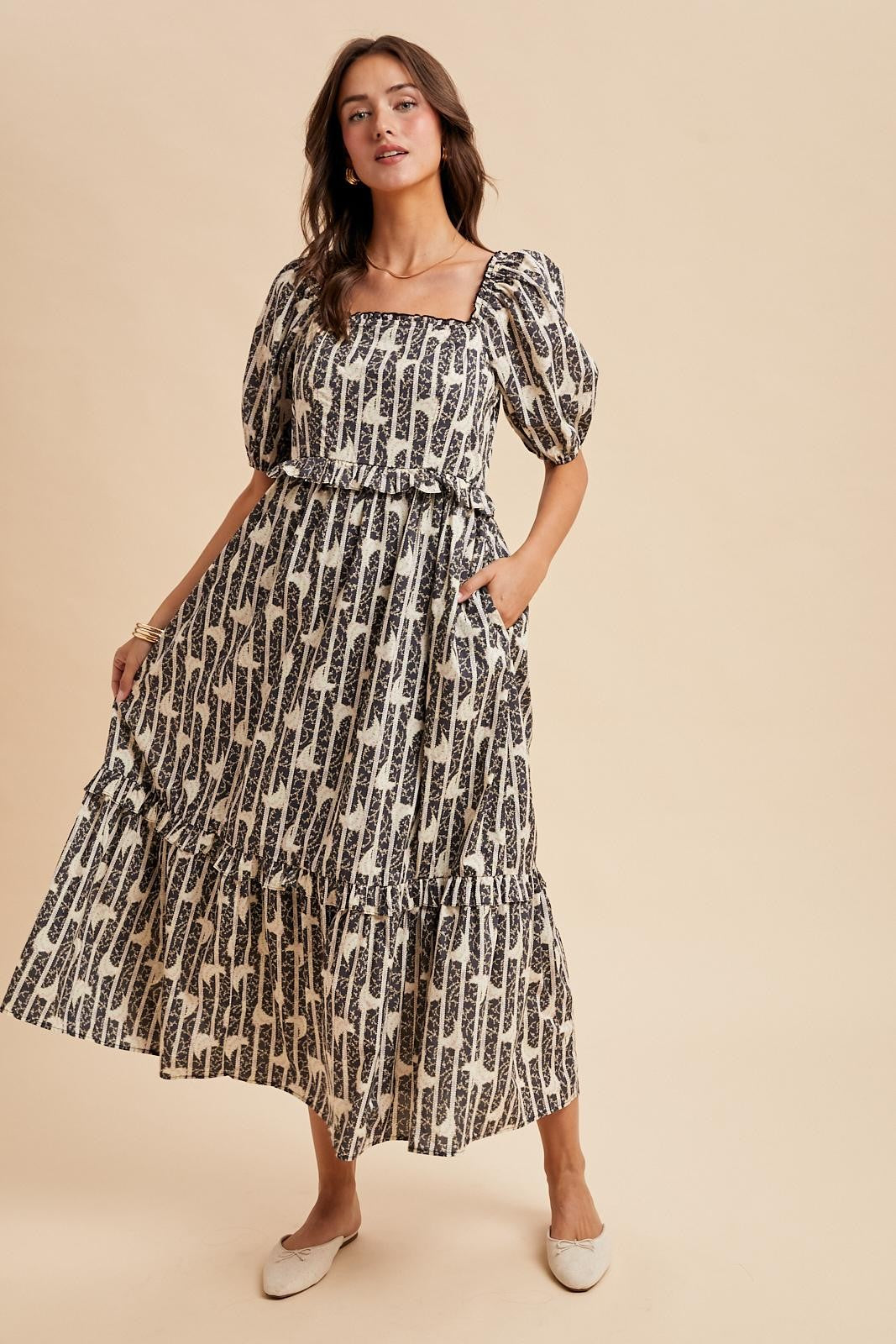 Navy Floral Stripe Ruffle Accent Midi Dress