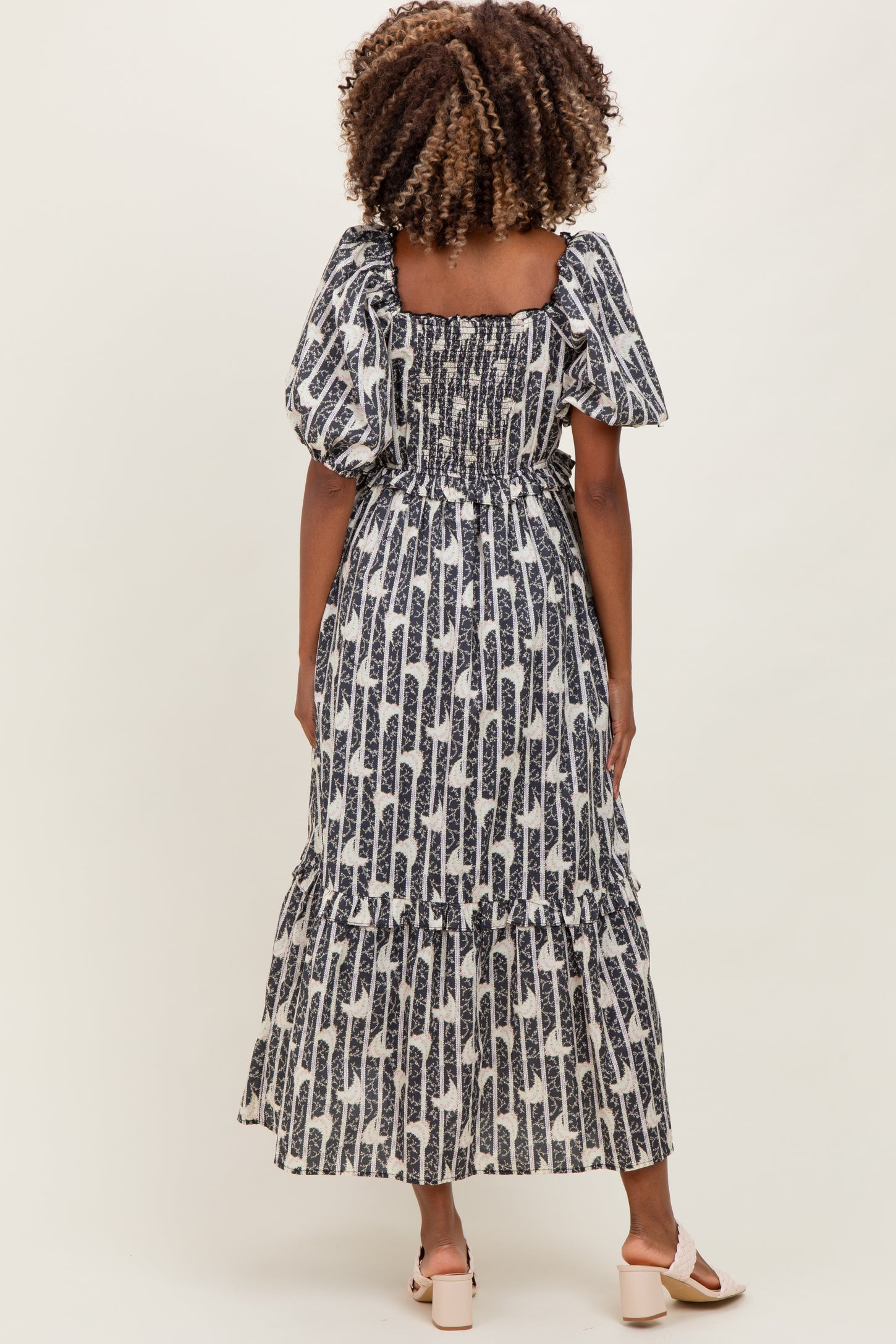 Navy Floral Stripe Ruffle Accent Maternity Midi Dress