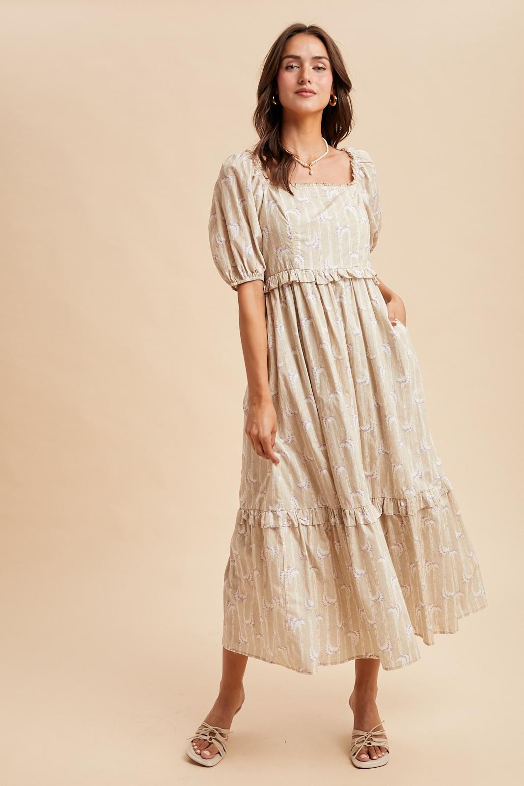 Taupe Floral Stripe Ruffle Accent Midi Dress
