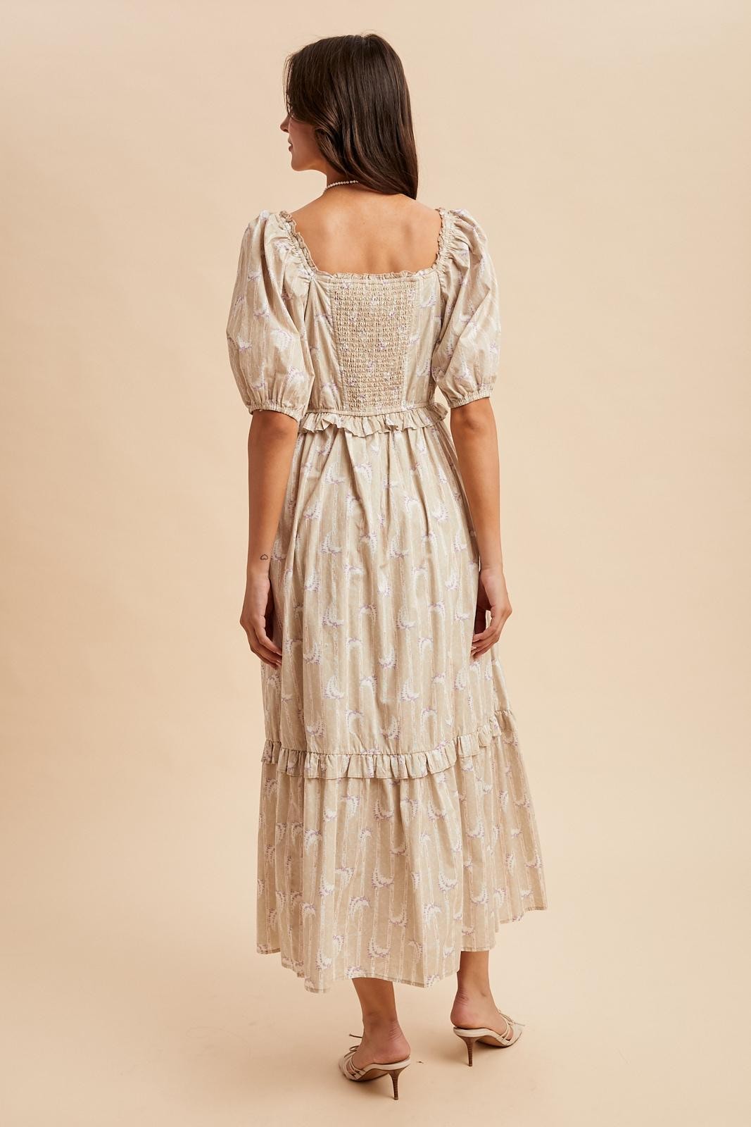 Taupe Floral Stripe Ruffle Accent Midi Dress