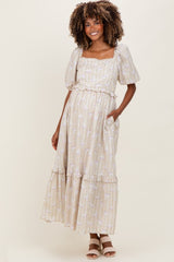 Taupe Floral Stripe Ruffle Accent Maternity Midi Dress