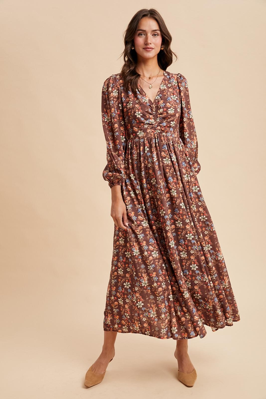 Mocha Floral Cinched Bust 3/4 Sleeve Maternity Maxi Dress