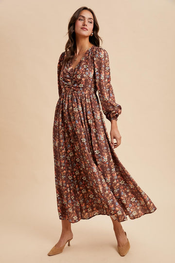 Mocha Floral Cinched Bust 3/4 Sleeve Maxi Dress