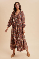 Mocha Floral Cinched Bust 3/4 Sleeve Maxi Dress