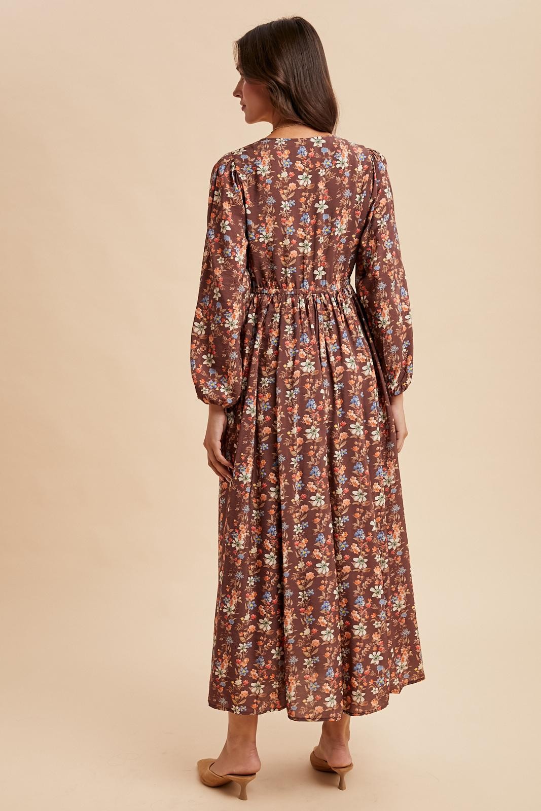 Mocha Floral Cinched Bust 3/4 Sleeve Maxi Dress