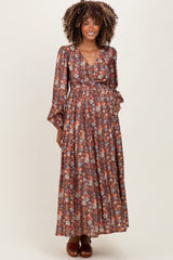Mocha Floral Cinched Bust 3/4 Sleeve Maternity Maxi Dress